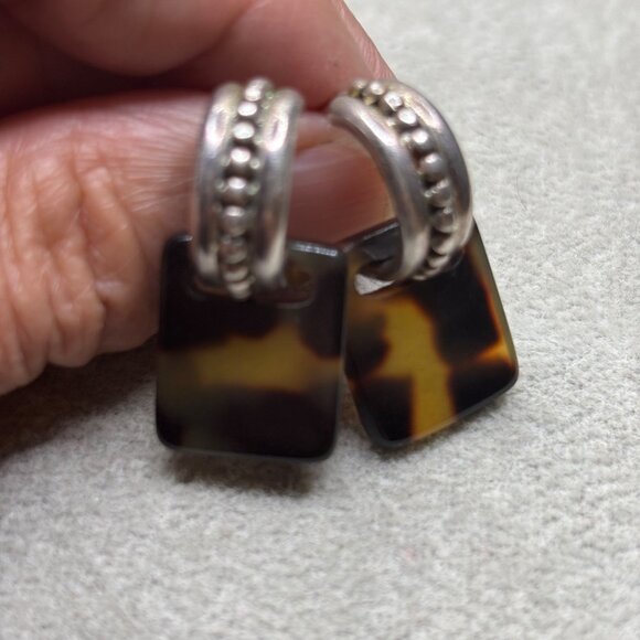 925 Silver Hoop Earrings Tortoiseshell-Style Dangles 2 IN 1 Style Wt 7.27g - Picture 2 of 7